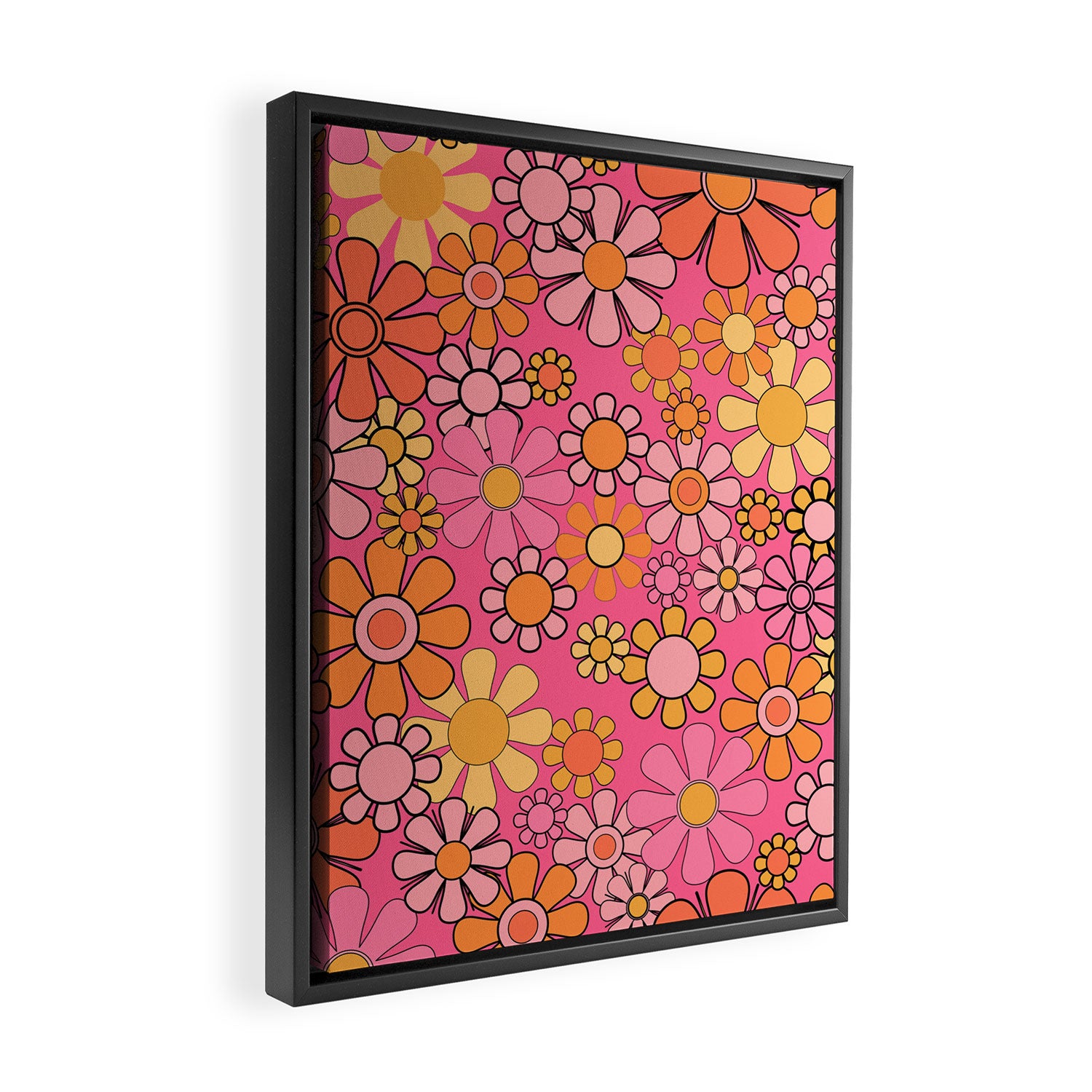 Groovy Retro Floral Garden Pretty Pink 60s 70s Flower Pattern with Yellow and Orange Framed Canvas Print Gallery Image 2