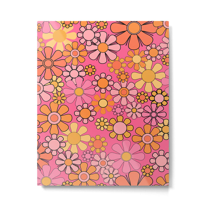Groovy Retro Floral Garden Pretty Pink 60s 70s Flower Pattern with Yellow and Orange Metal Print Gallery Image 1