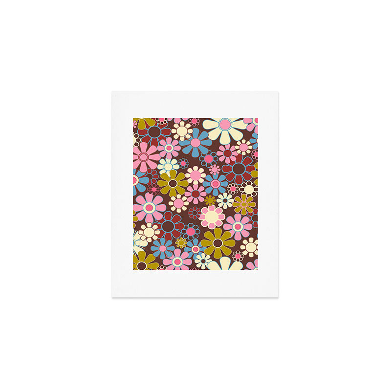 Groovy Retro Garden 60s 70s Eclectic Floral Pattern on Brown Art Print Gallery Image 1