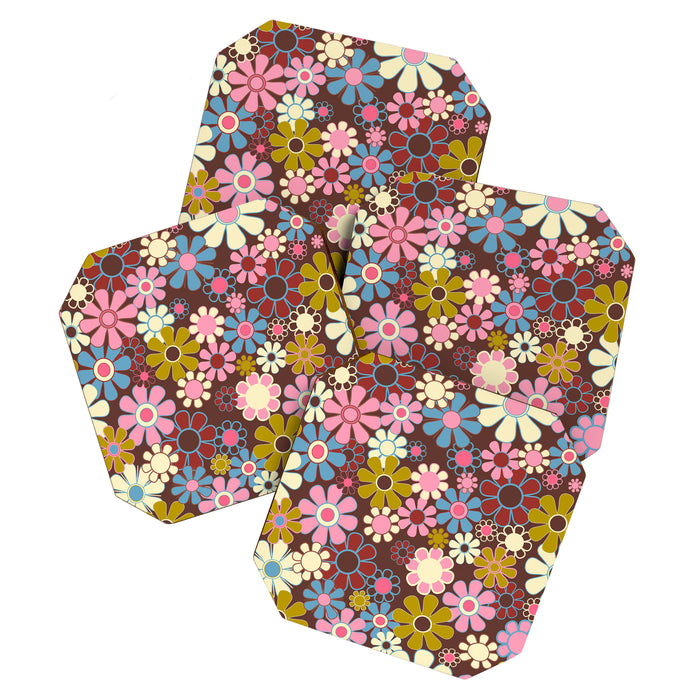 Groovy Retro Garden 60s 70s Eclectic Floral Pattern on Brown Coaster Gallery Image 1