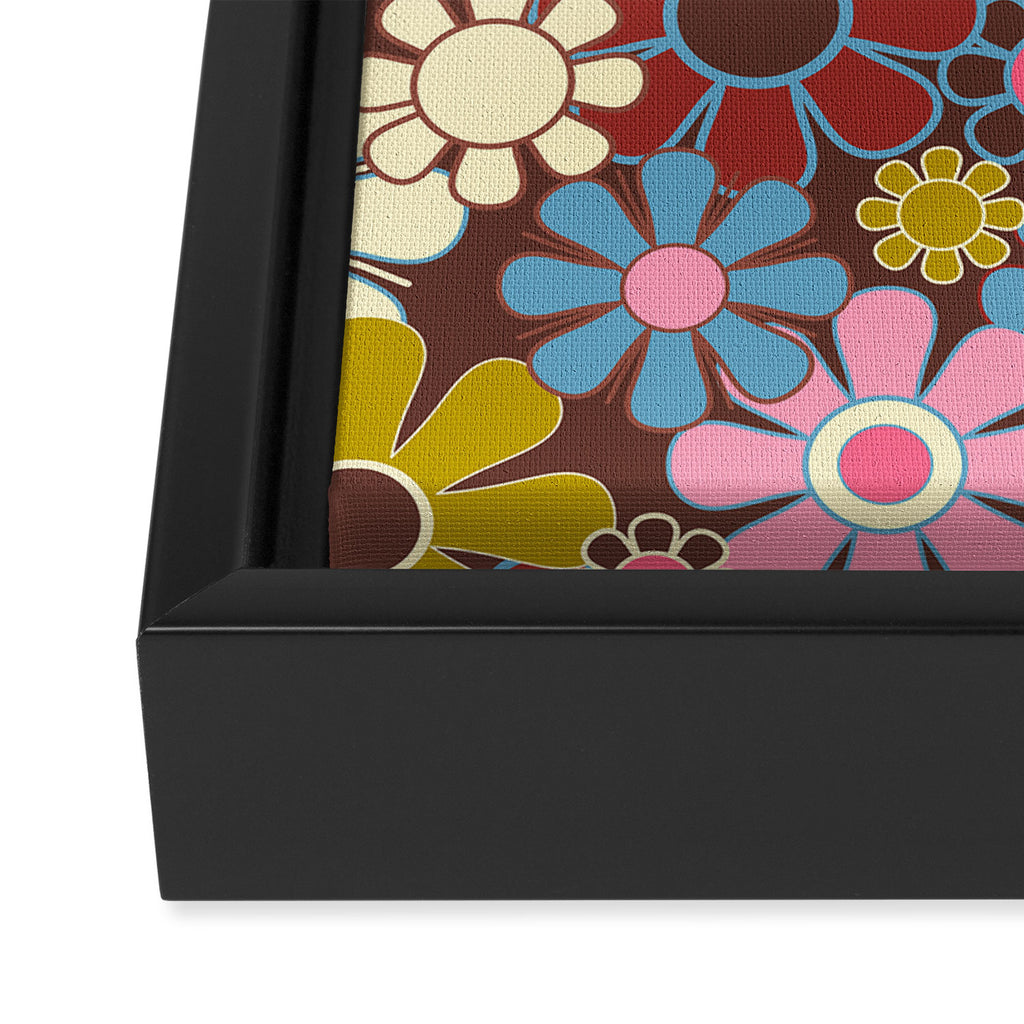 Groovy Retro Garden 60s 70s Eclectic Floral Pattern on Brown Framed Canvas Print Gallery Image 3