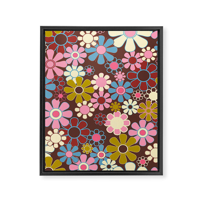 Groovy Retro Garden 60s 70s Eclectic Floral Pattern on Brown Framed Canvas Print Gallery Image 1