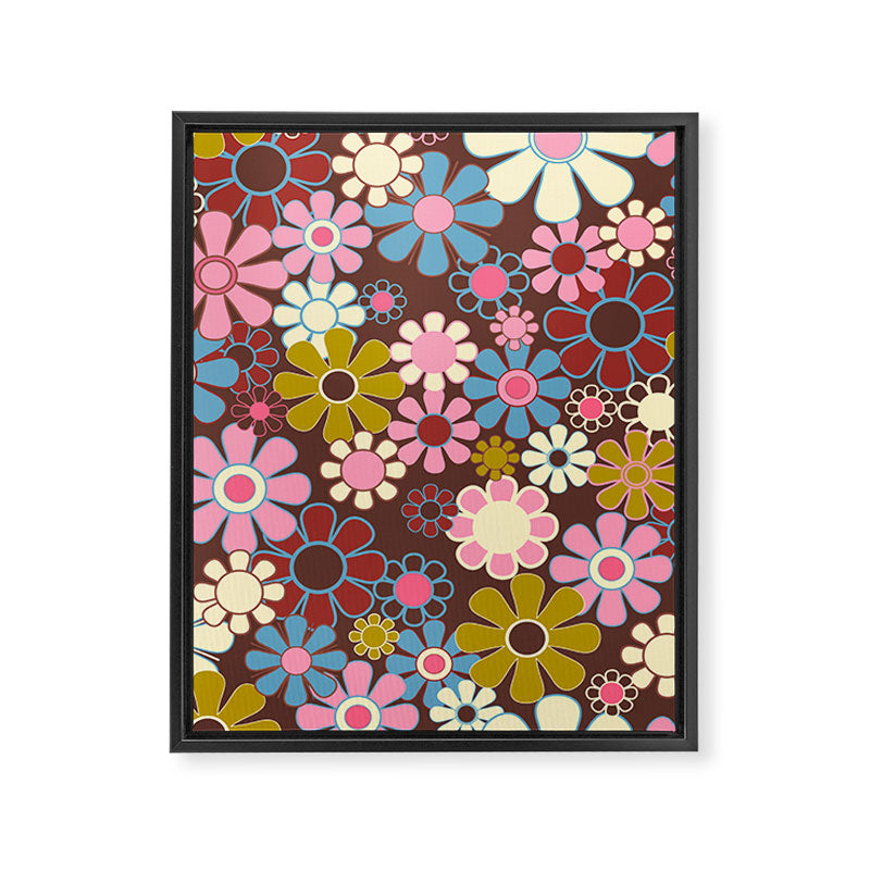 Groovy Retro Garden 60s 70s Eclectic Floral Pattern on Brown Framed Canvas Print Gallery Image 8
