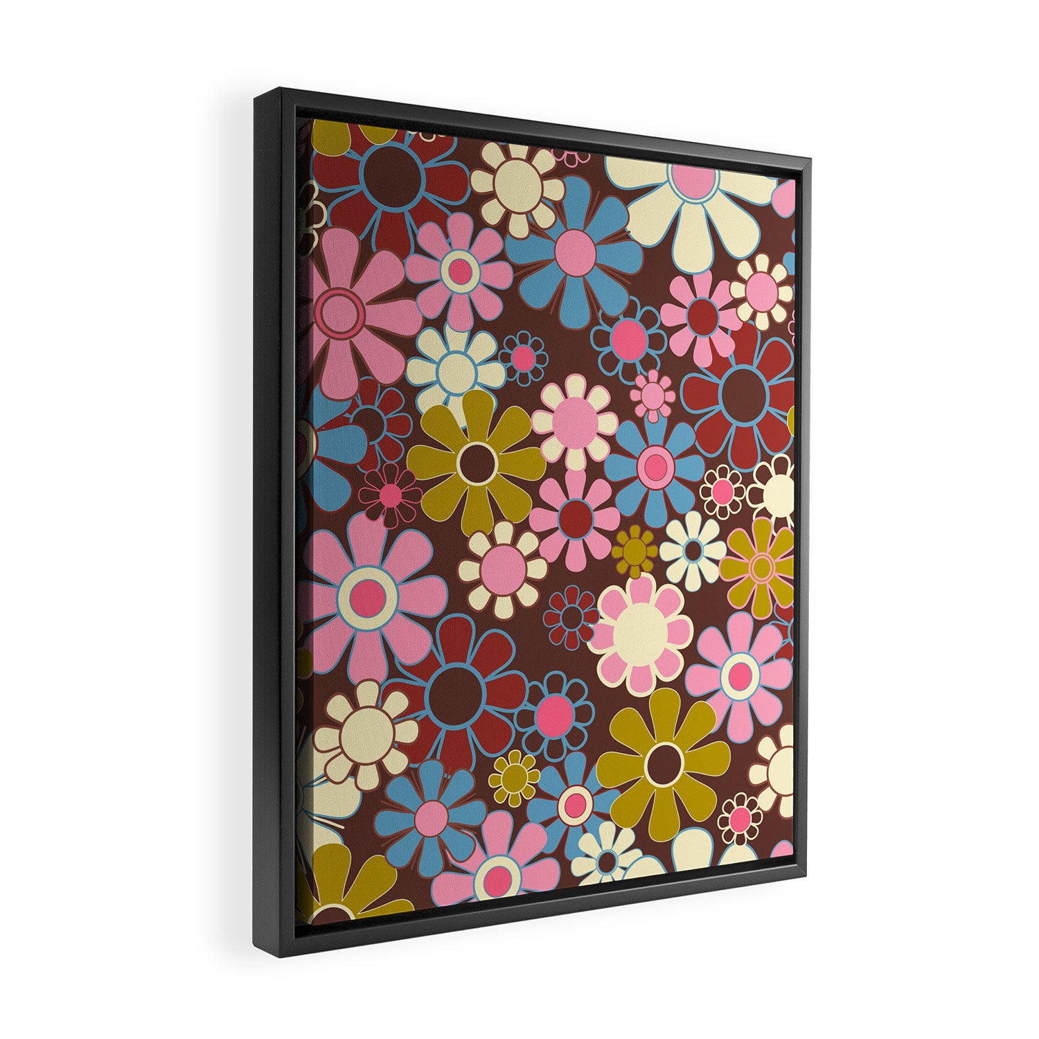 Groovy Retro Garden 60s 70s Eclectic Floral Pattern on Brown Framed Canvas Print Gallery Image 2