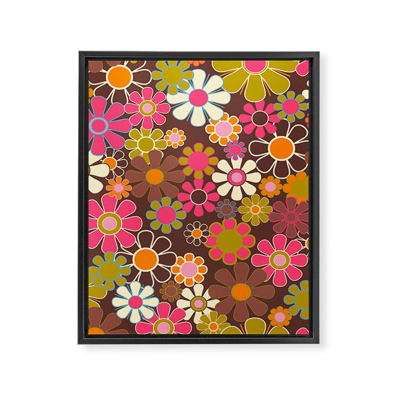 Groovy Retro Garden 60s 70s Floral Pattern Brown Avocado Pink Framed Canvas Print Gallery Image 8