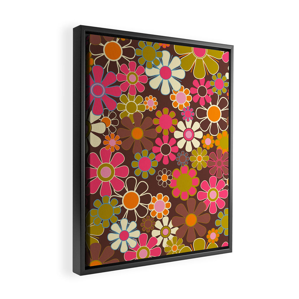 Groovy Retro Garden 60s 70s Floral Pattern Brown Avocado Pink Framed Canvas Print Gallery Image 2