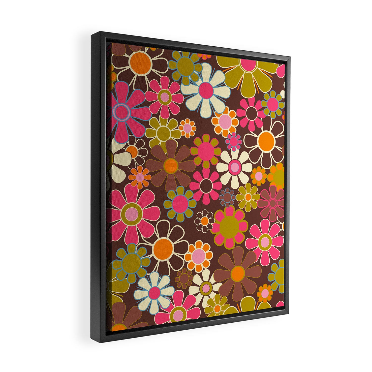 Groovy Retro Garden 60s 70s Floral Pattern Brown Avocado Pink Framed Canvas Print Gallery Image 2