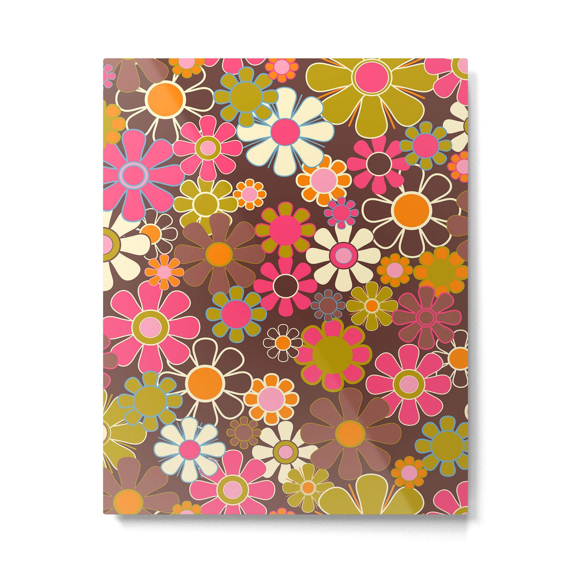 Groovy Retro Garden 60s 70s Floral Pattern Brown Avocado Pink Metal Print Gallery Image 6