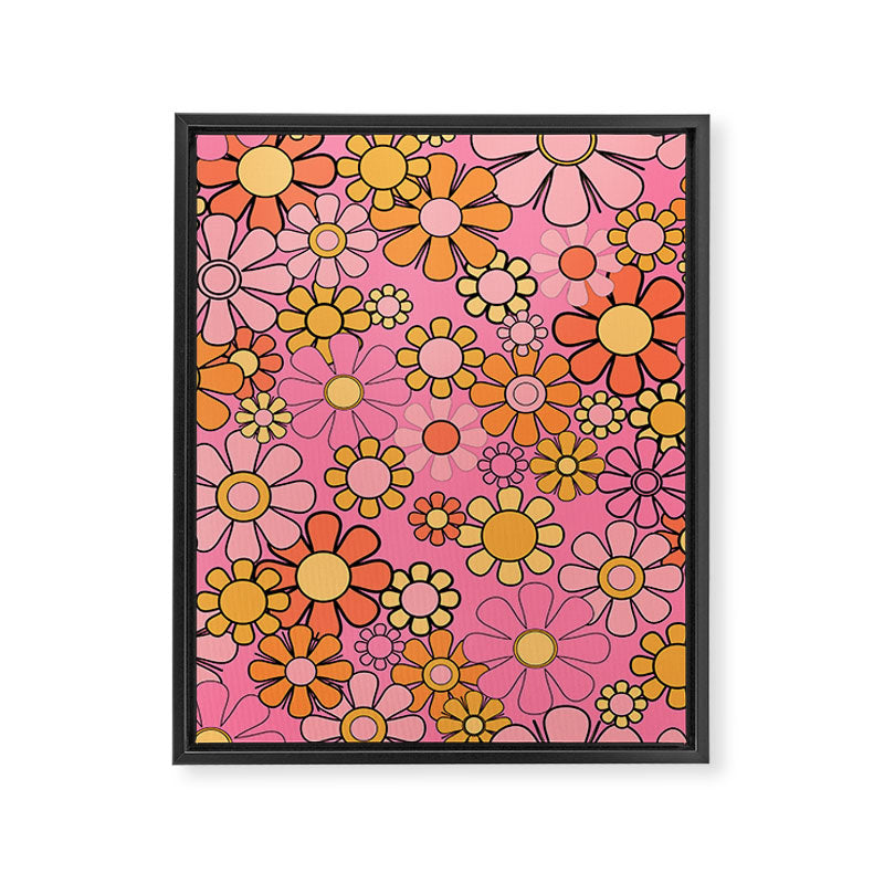 Groovy Retro Garden 60s 70s Floral Pattern in Pink and Orange Tones Framed Canvas Print Gallery Image 8