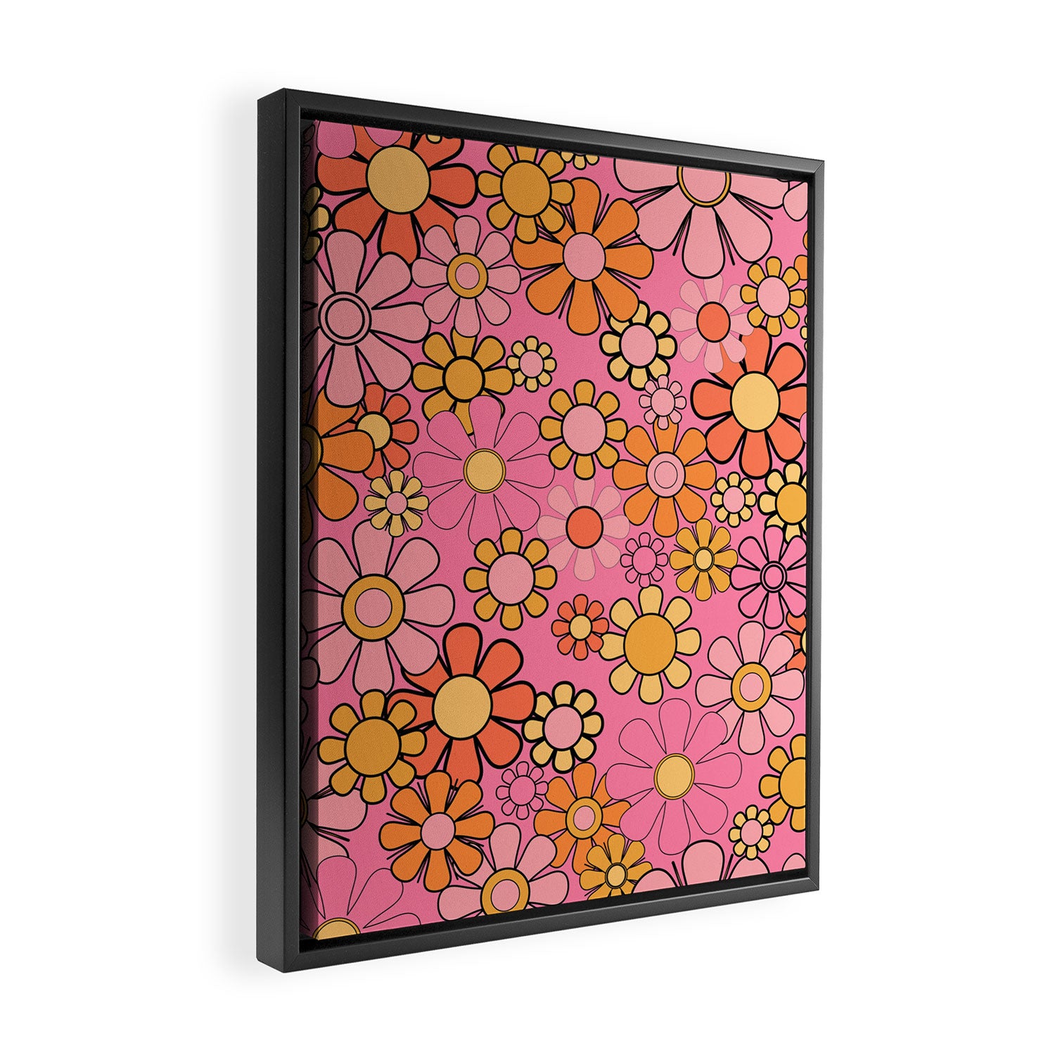 Groovy Retro Garden 60s 70s Floral Pattern in Pink and Orange Tones Framed Canvas Print Gallery Image 2