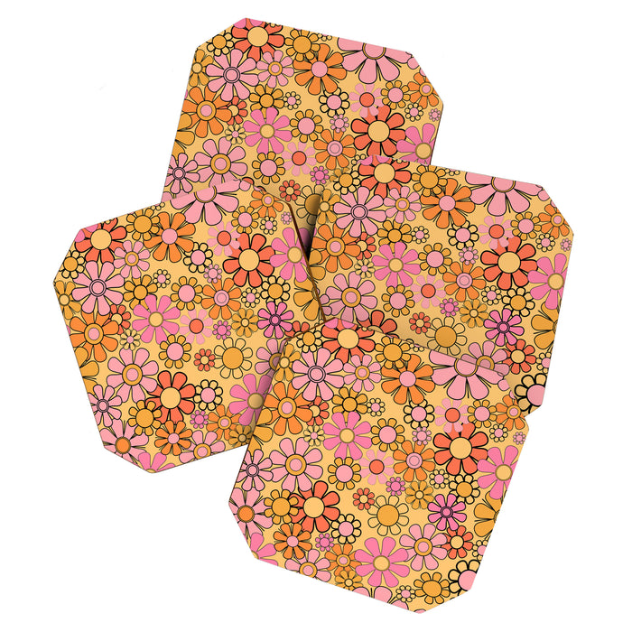 Groovy Retro Garden Floral Pattern 60s 70s Flowers Pink Orange and Yellow Coaster Gallery Image 1