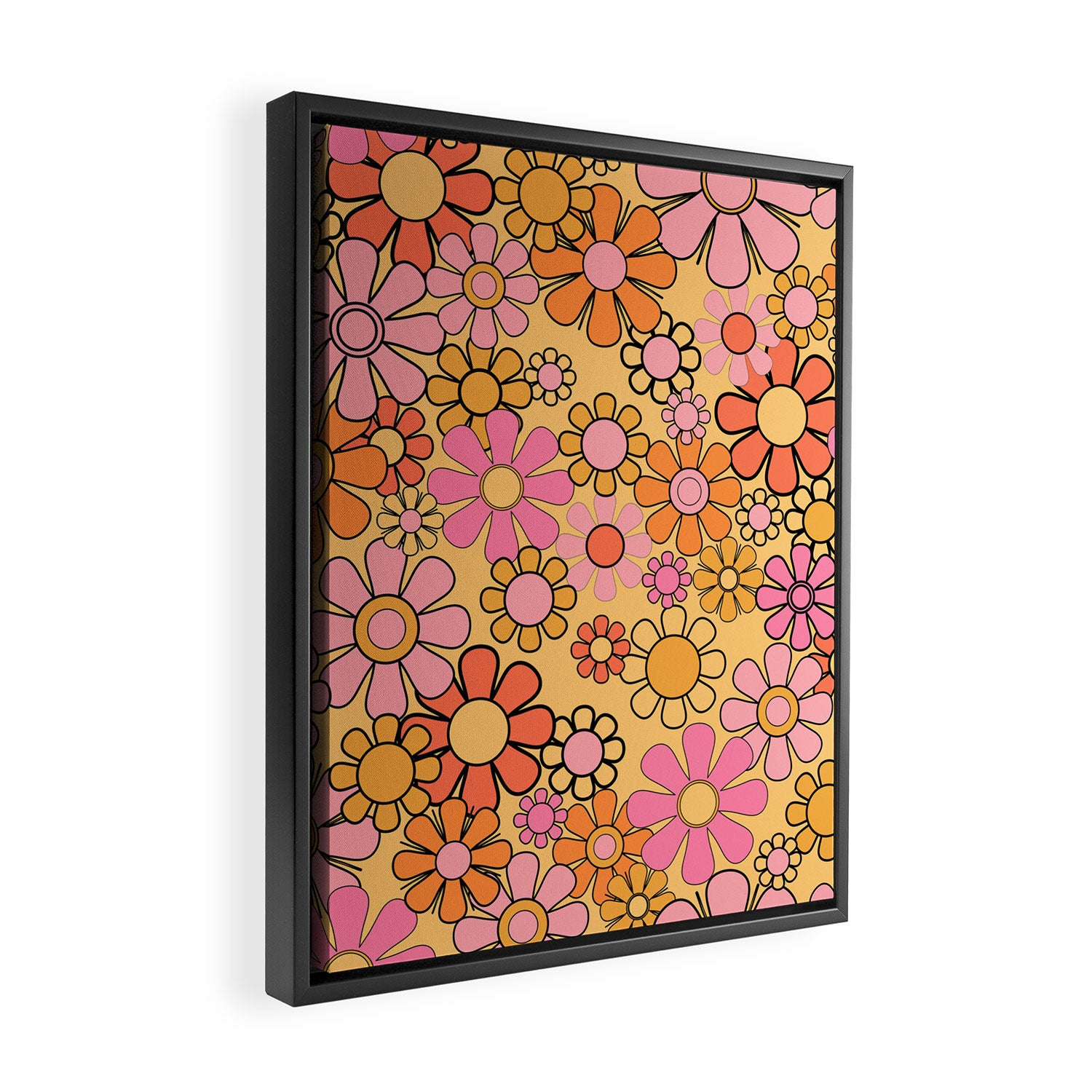 Groovy Retro Garden Floral Pattern 60s 70s Flowers Pink Orange and Yellow Framed Canvas Print Gallery Image 2