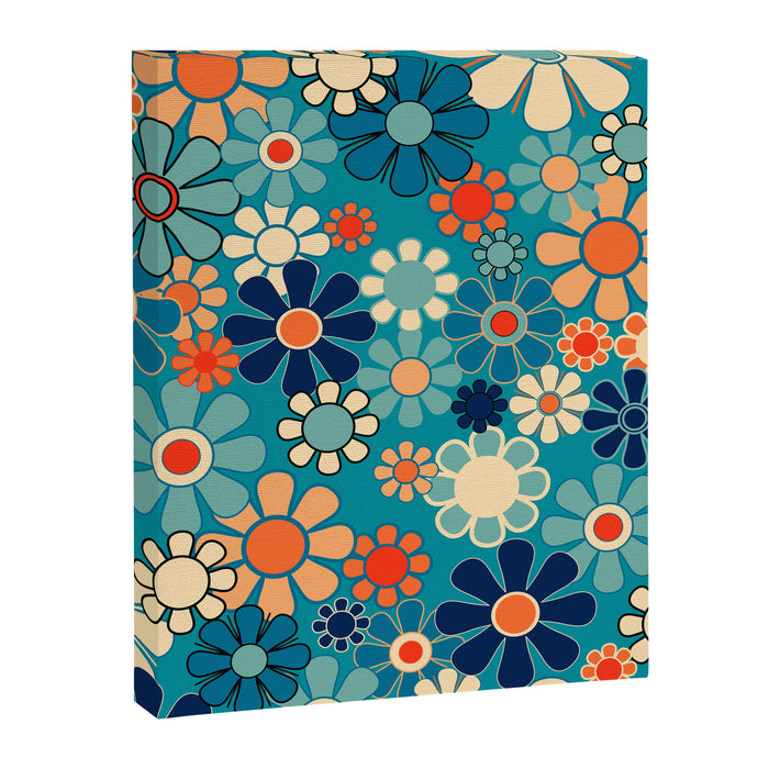 Groovy Retro Garden Flowers 60s 70s Floral Pattern in Blue and Orange Canvas Print Gallery Image 1