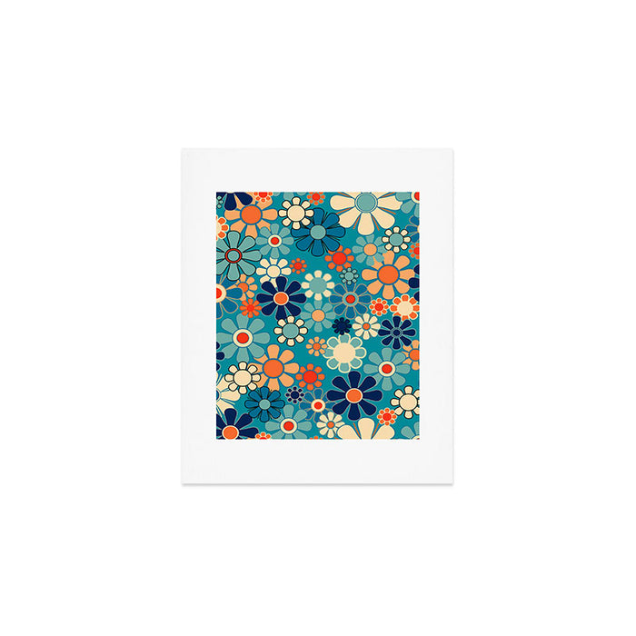 Groovy Retro Garden Flowers 60s 70s Floral Pattern in Blue and Orange Art Print Gallery Image 1