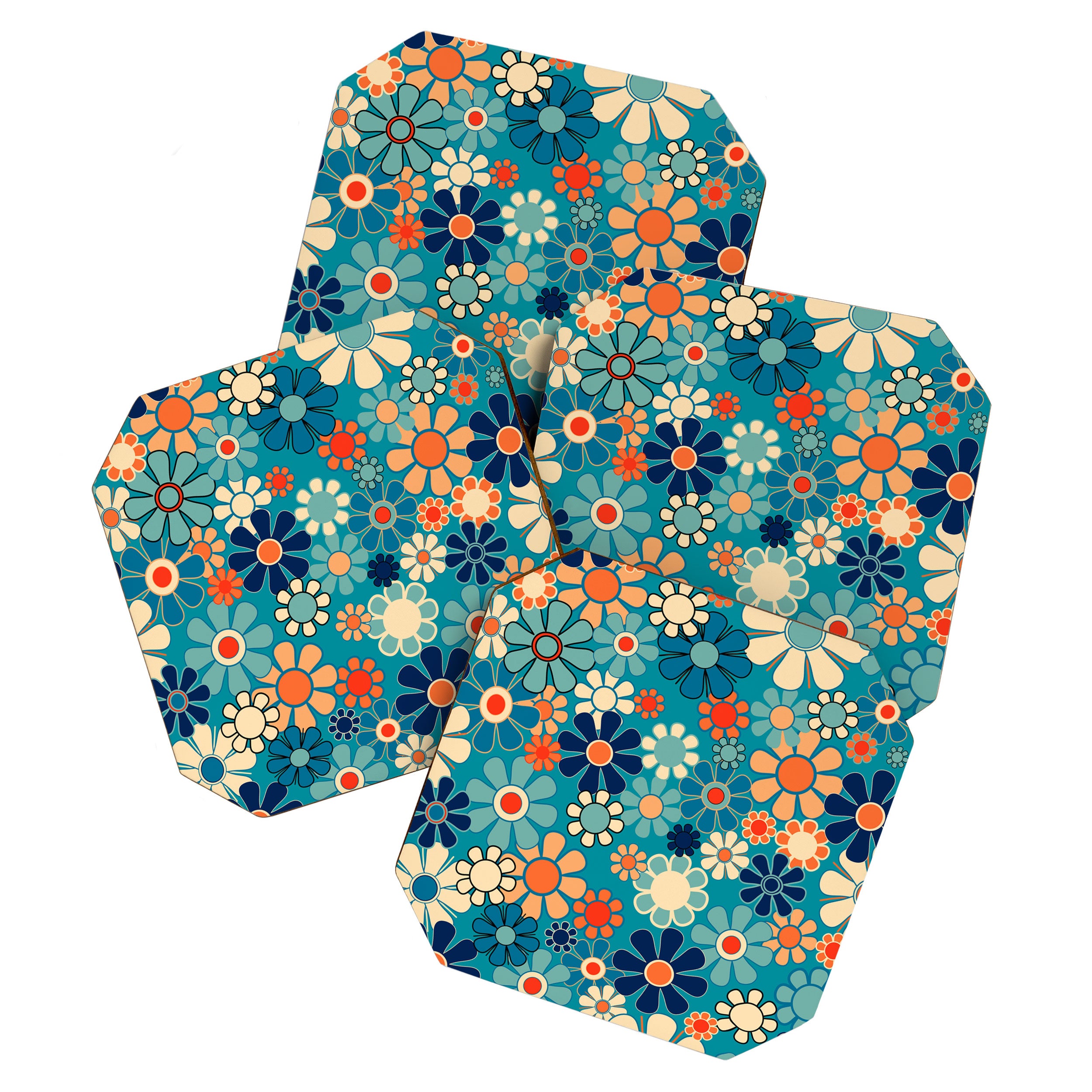 Groovy Retro Garden Flowers 60s 70s Floral Pattern in Blue and Orange Coaster Gallery Image 1