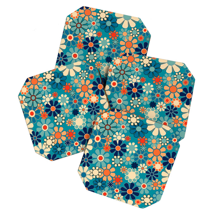 Groovy Retro Garden Flowers 60s 70s Floral Pattern in Blue and Orange Coaster Gallery Image 1