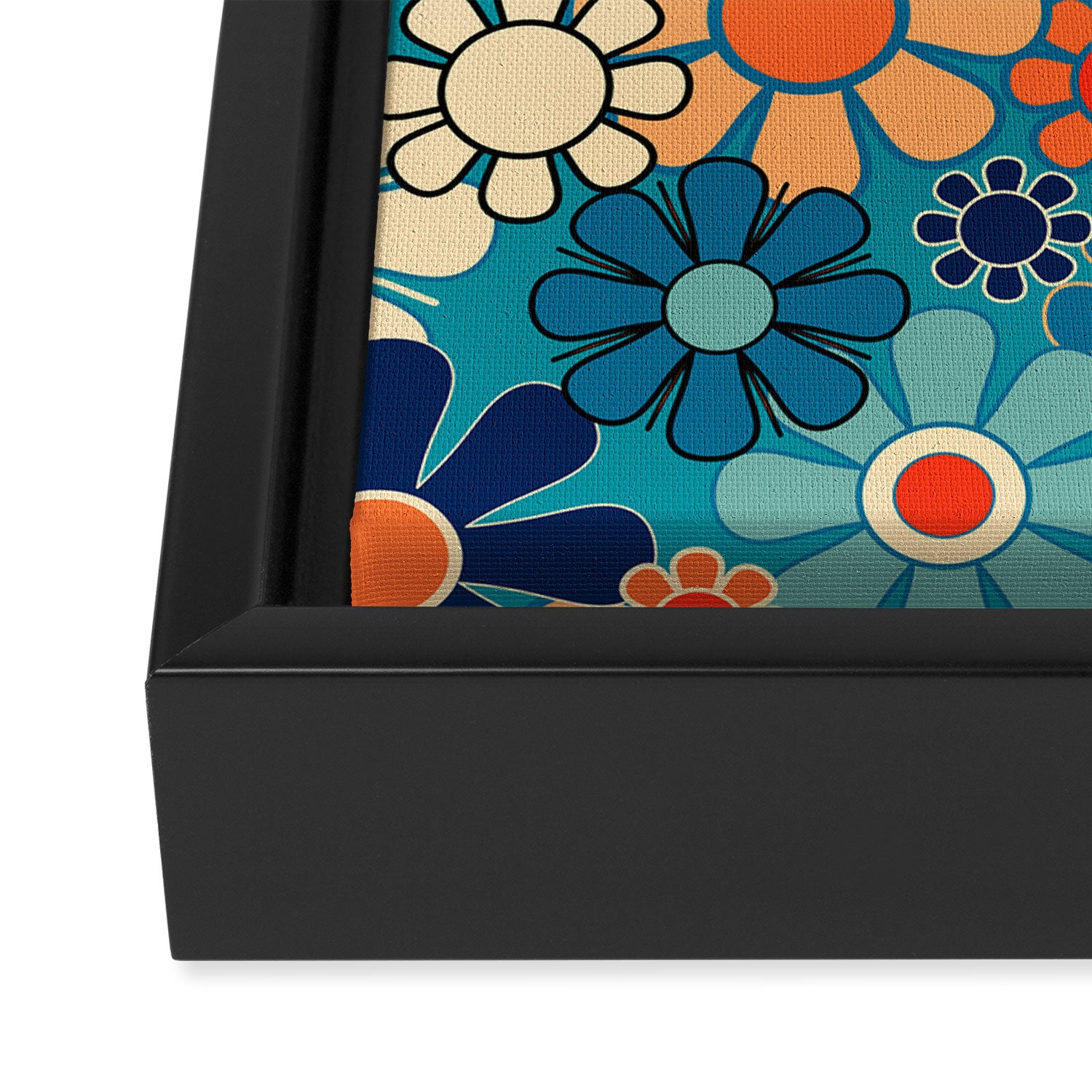 Groovy Retro Garden Flowers 60s 70s Floral Pattern in Blue and Orange Framed Canvas Print Gallery Image 3