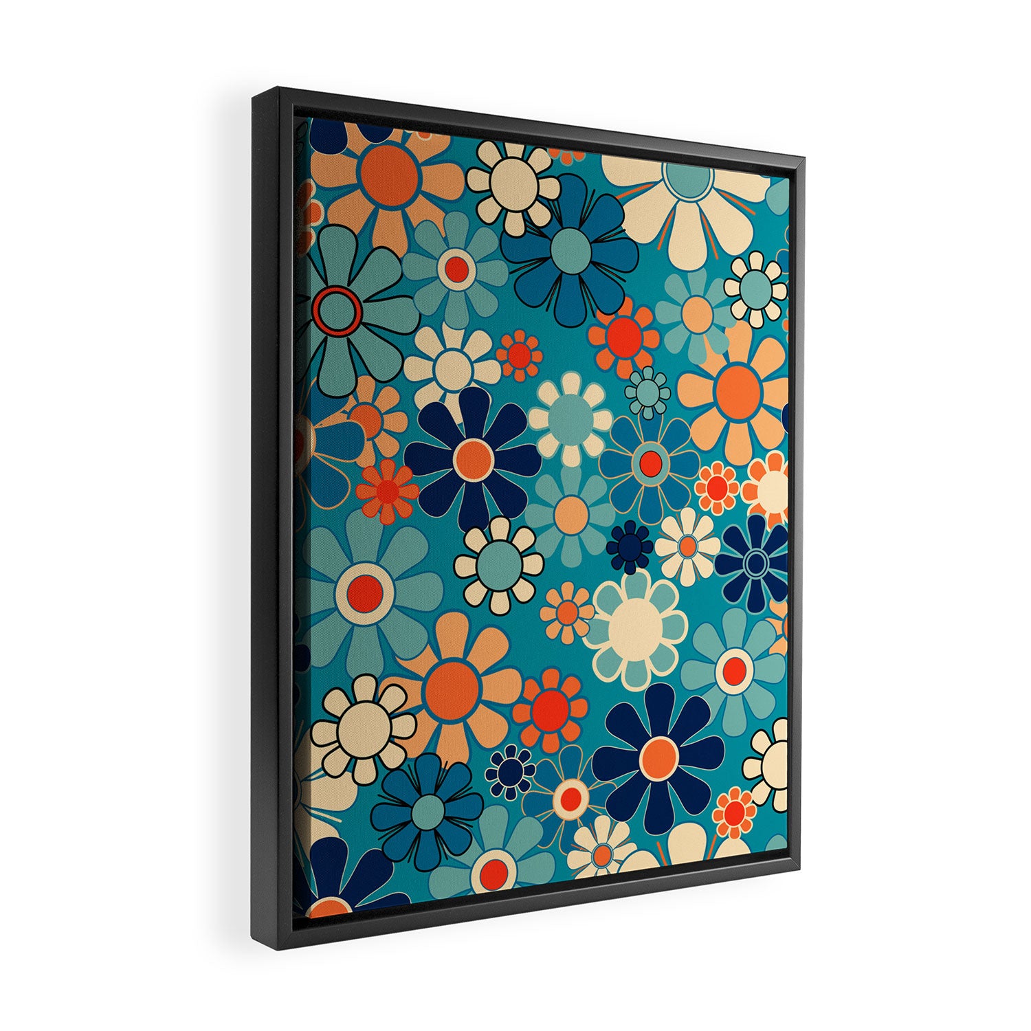 Groovy Retro Garden Flowers 60s 70s Floral Pattern in Blue and Orange Framed Canvas Print Gallery Image 2