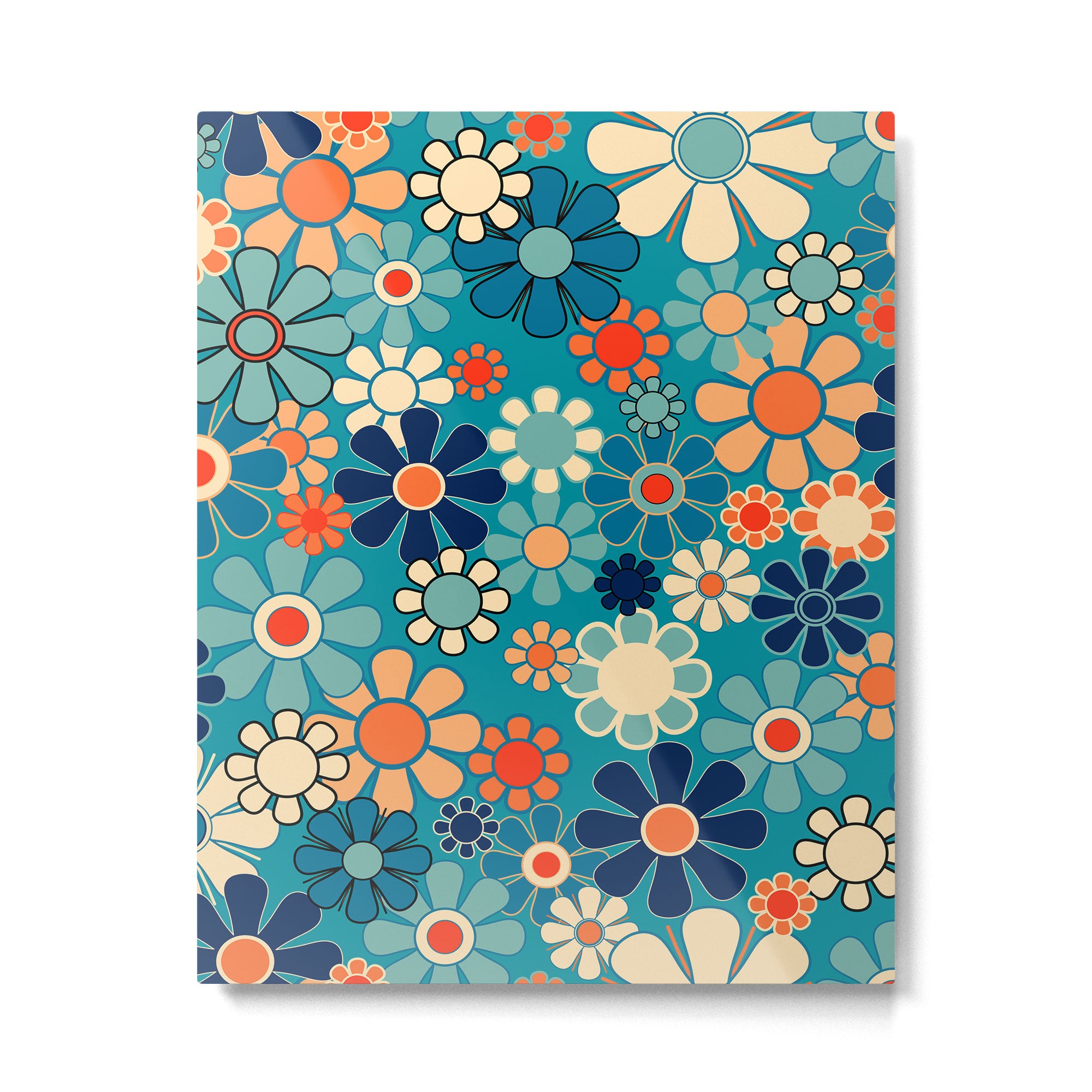Groovy Retro Garden Flowers 60s 70s Floral Pattern in Blue and Orange Metal Print Gallery Image 6