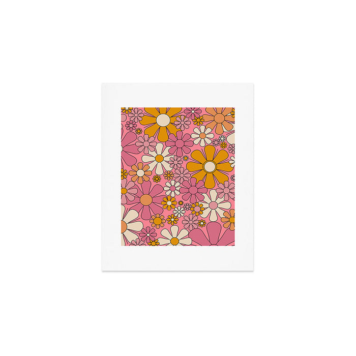 Groovy Retro Garden Flowers 60s 70s Floral Pattern Pink and Ochre  Art Print Gallery Image 1