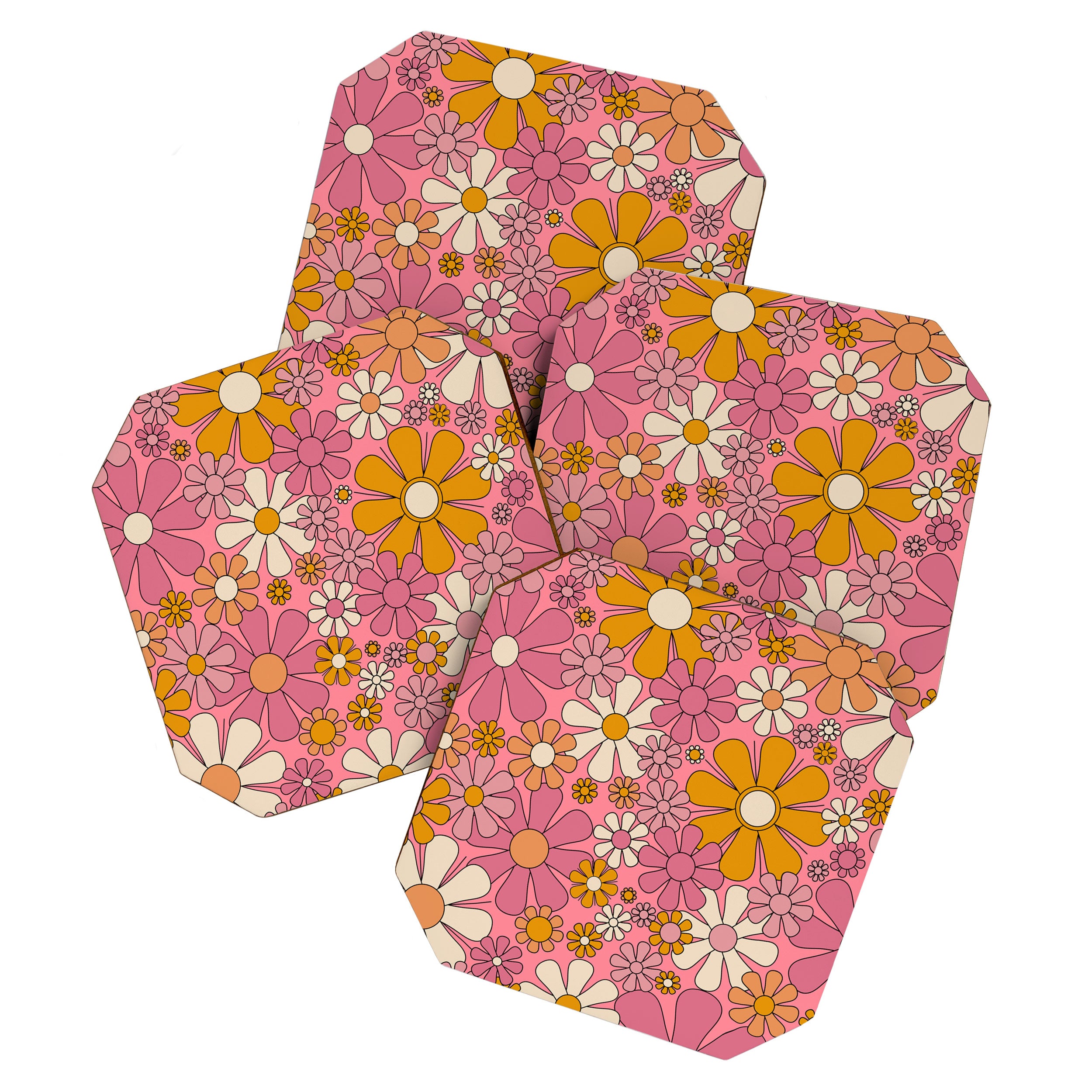 Groovy Retro Garden Flowers 60s 70s Floral Pattern Pink and Ochre  Coaster Gallery Image 1