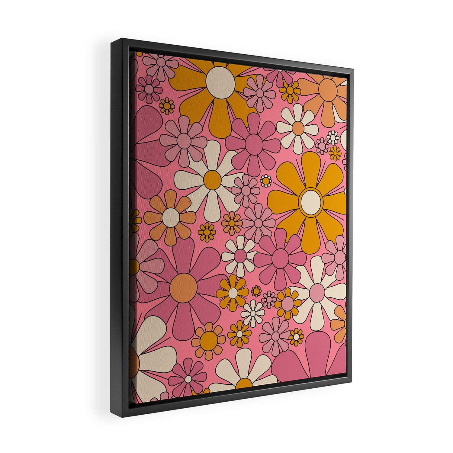 Groovy Retro Garden Flowers 60s 70s Floral Pattern Pink and Ochre  Framed Canvas Print Gallery Image 2