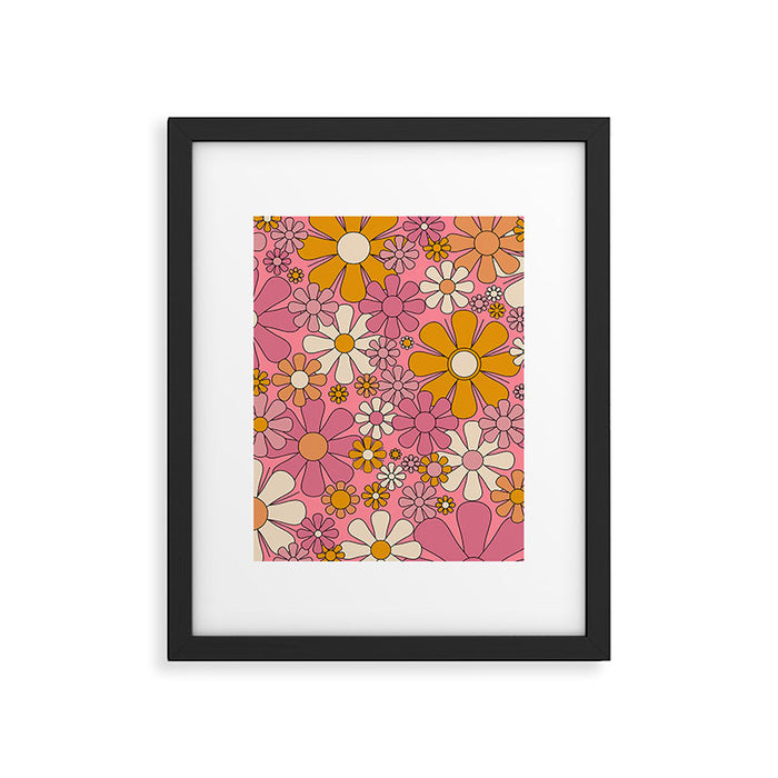 Groovy Retro Garden Flowers 60s 70s Floral Pattern Pink and Ochre  Framed Art Print Gallery Image 1