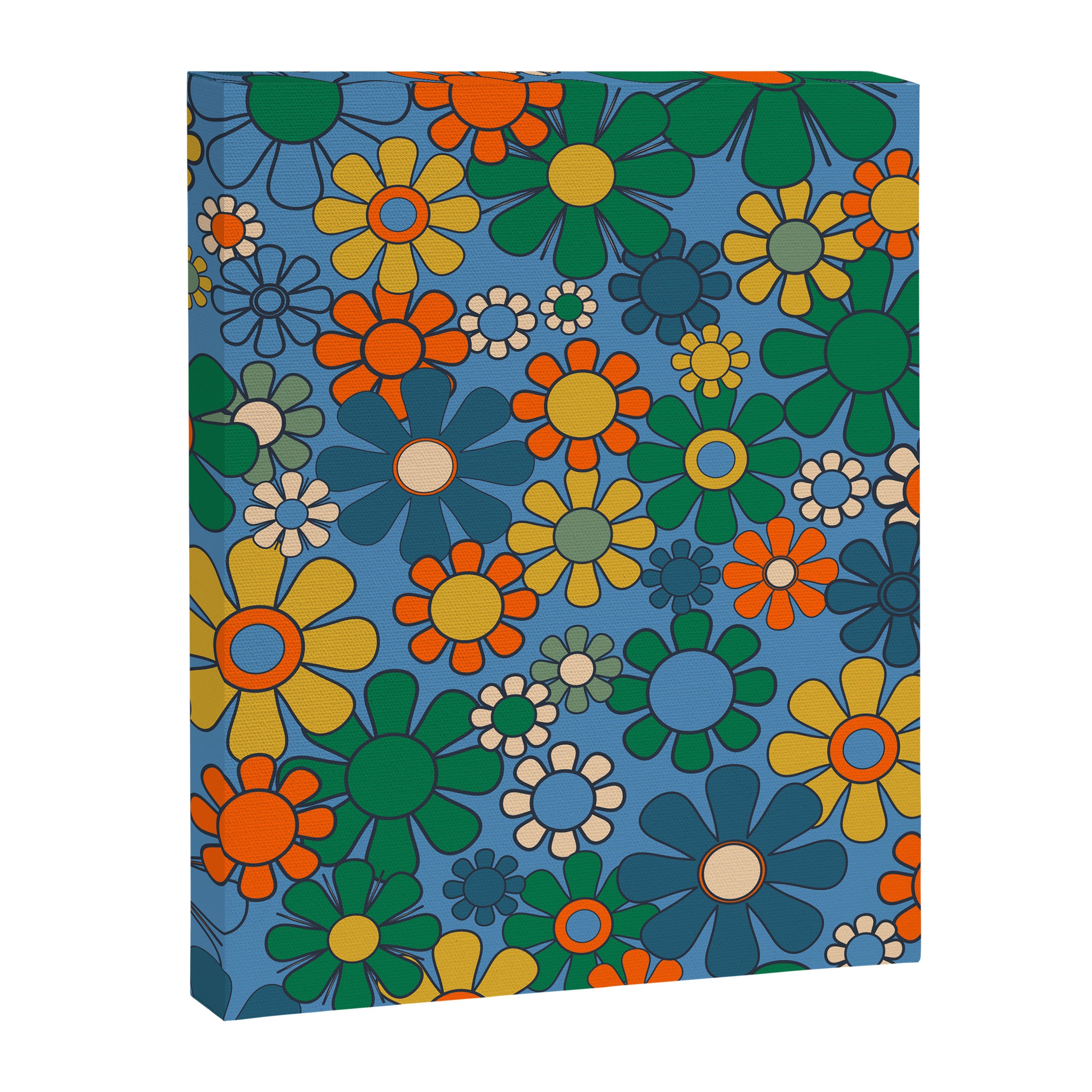 Groovy Retro Garden Flowers 60s 70s Multicolor Floral Pattern on Blue Canvas Print Gallery Image 8