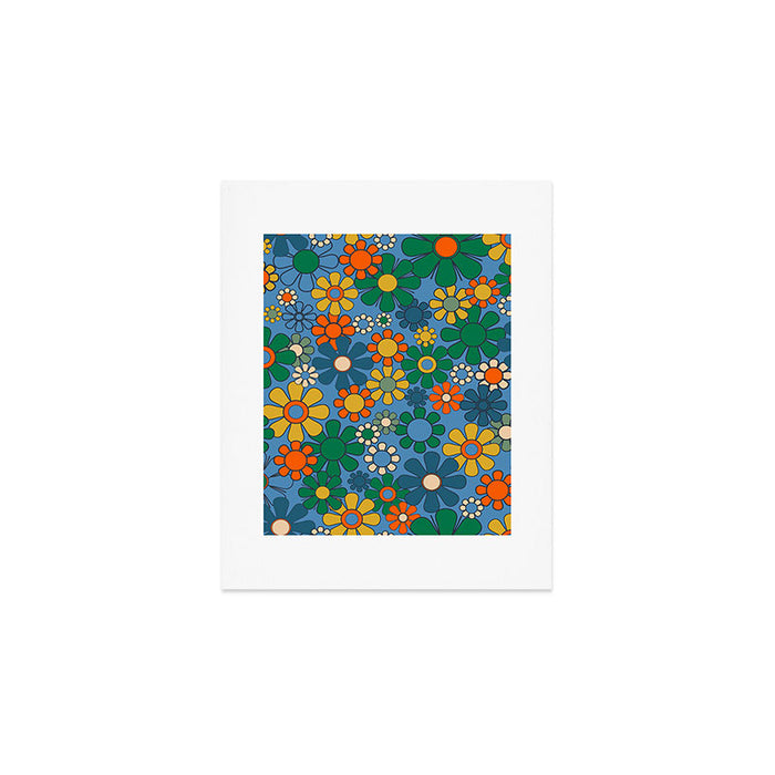 Groovy Retro Garden Flowers 60s 70s Multicolor Floral Pattern on Blue Art Print Gallery Image 1