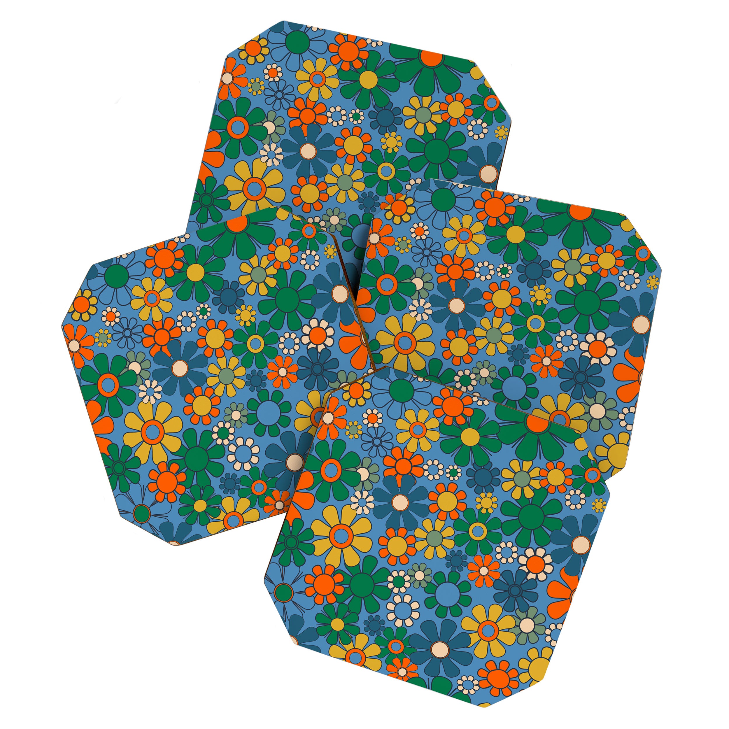 Groovy Retro Garden Flowers 60s 70s Multicolor Floral Pattern on Blue Coaster Gallery Image 1