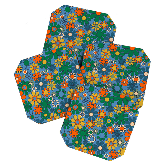 Groovy Retro Garden Flowers 60s 70s Multicolor Floral Pattern on Blue Coaster Gallery Image 1