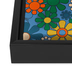 Groovy Retro Garden Flowers 60s 70s Multicolor Floral Pattern on Blue Framed Canvas Print Gallery Image 3