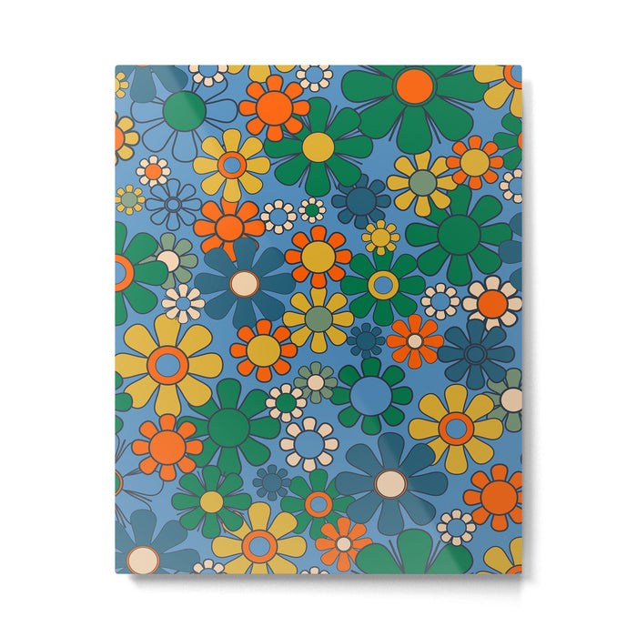 Groovy Retro Garden Flowers 60s 70s Multicolor Floral Pattern on Blue Metal Print Gallery Image 1