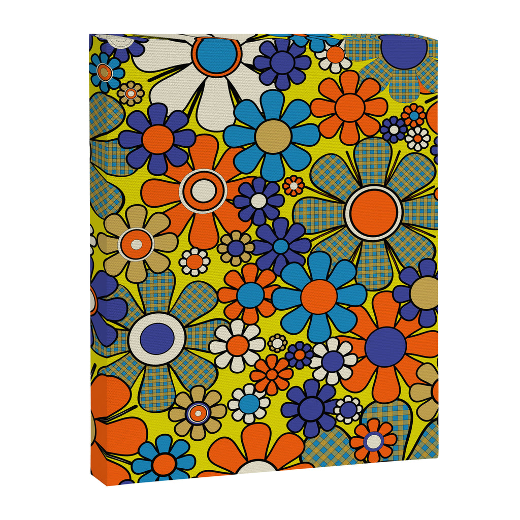 Groovy Retro Garden Gingham Flowers 60s 70s Maximalist Floral Pattern Blue Orange Yellow Canvas Print Gallery Image 8