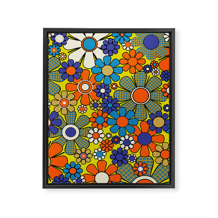 Groovy Retro Garden Gingham Flowers 60s 70s Maximalist Floral Pattern Blue Orange Yellow Framed Canvas Print Gallery Image 1