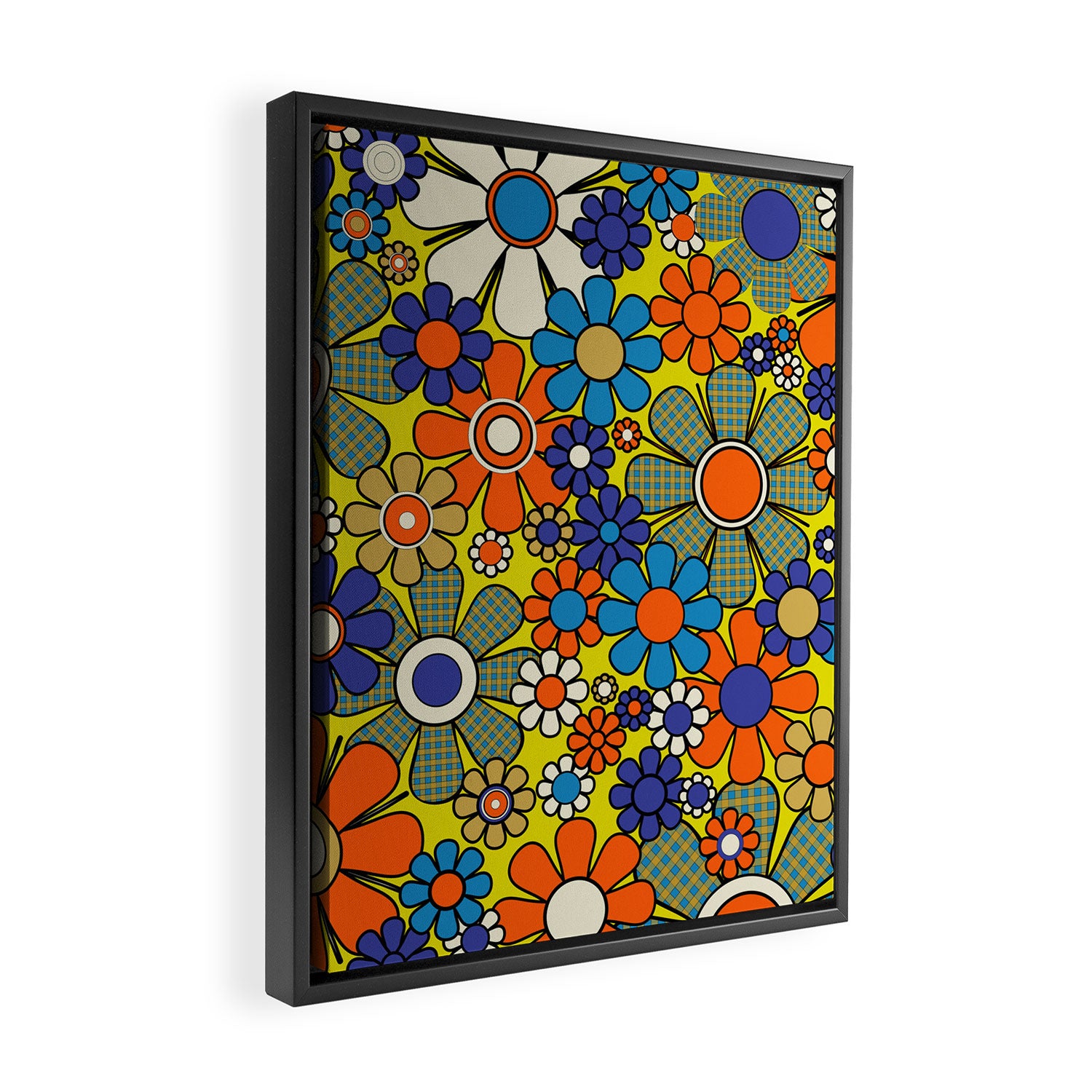 Groovy Retro Garden Gingham Flowers 60s 70s Maximalist Floral Pattern Blue Orange Yellow Framed Canvas Print Gallery Image 2