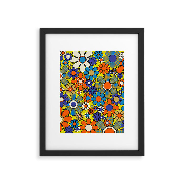 Groovy Retro Garden Gingham Flowers 60s 70s Maximalist Floral Pattern Blue Orange Yellow Framed Art Print Gallery Image 1