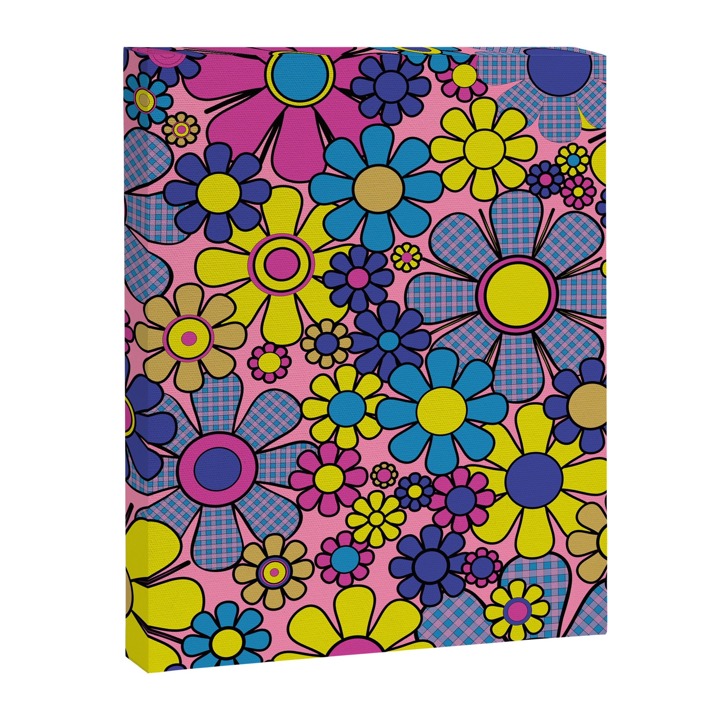 Groovy Retro Garden Gingham Flowers 60s 70s Maximalist Floral Pattern Pink Blue Yellow Canvas Print Gallery Image 8