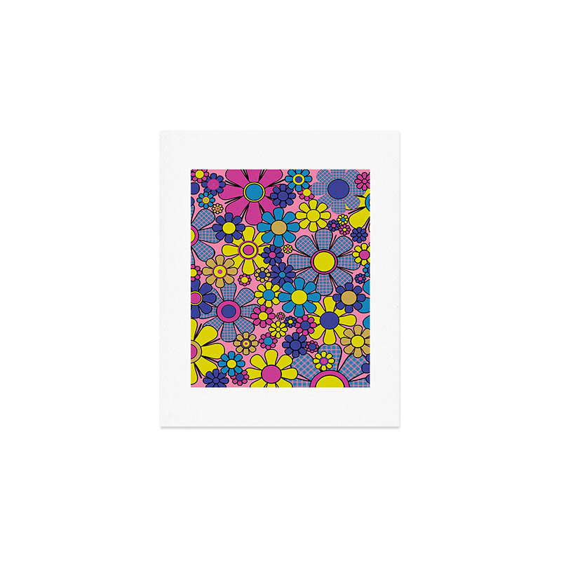 Groovy Retro Garden Gingham Flowers 60s 70s Maximalist Floral Pattern Pink Blue Yellow Art Print Gallery Image 1