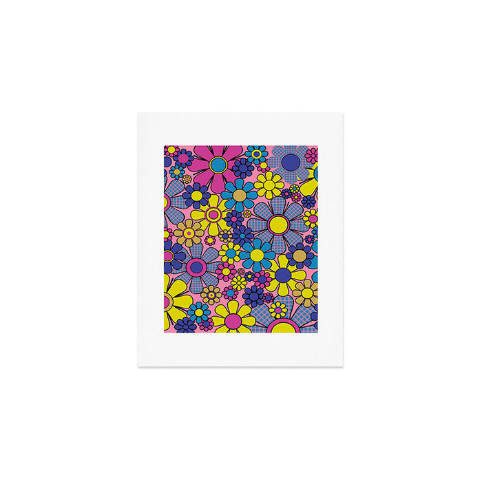 Groovy Retro Garden Gingham Flowers 60s 70s Maximalist Floral Pattern Pink Blue Yellow Art Print Gallery Image 1
