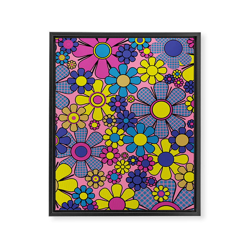 Groovy Retro Garden Gingham Flowers 60s 70s Maximalist Floral Pattern Pink Blue Yellow Framed Canvas Print Gallery Image 8