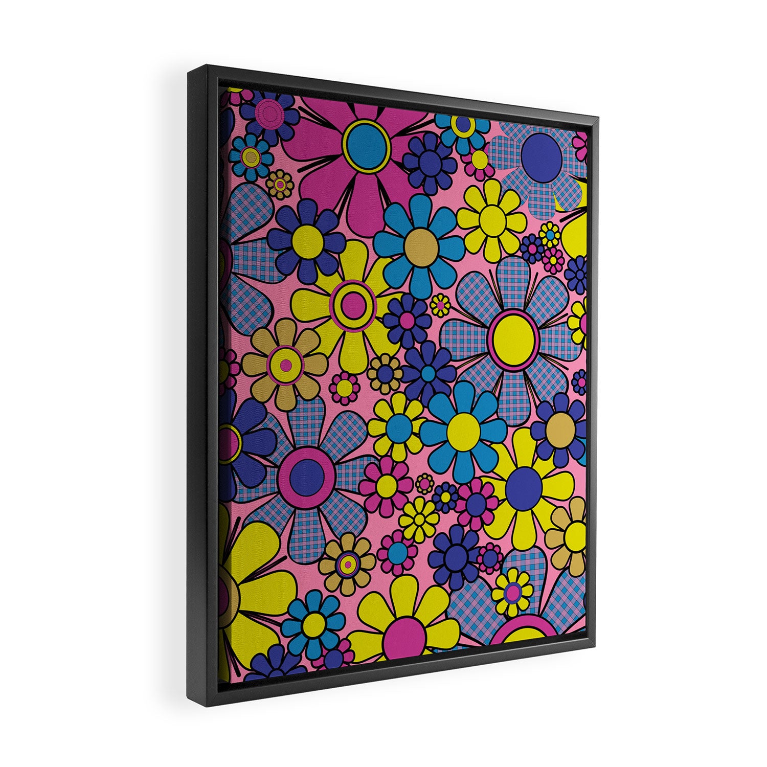 Groovy Retro Garden Gingham Flowers 60s 70s Maximalist Floral Pattern Pink Blue Yellow Framed Canvas Print Gallery Image 2