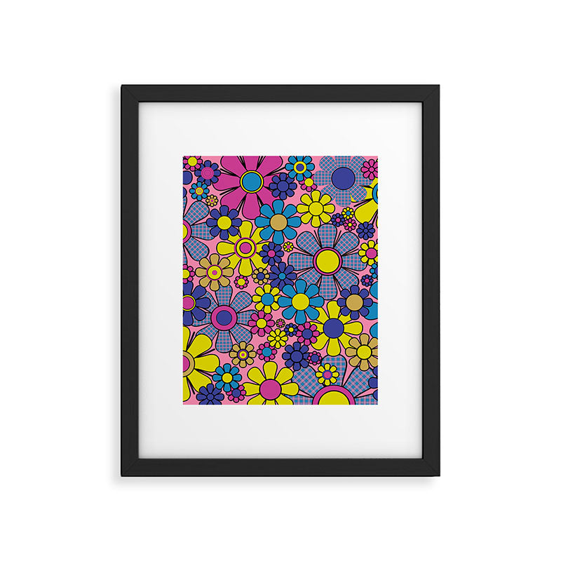 Groovy Retro Garden Gingham Flowers 60s 70s Maximalist Floral Pattern Pink Blue Yellow Framed Art Print Gallery Image 6