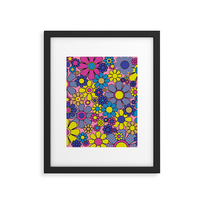 Groovy Retro Garden Gingham Flowers 60s 70s Maximalist Floral Pattern Pink Blue Yellow Framed Art Print Gallery Image 1