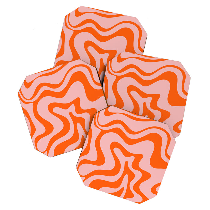 Groovy Retro Liquid Swirl Abstract Orange and Pink Pattern 4 Coaster Gallery Image 1