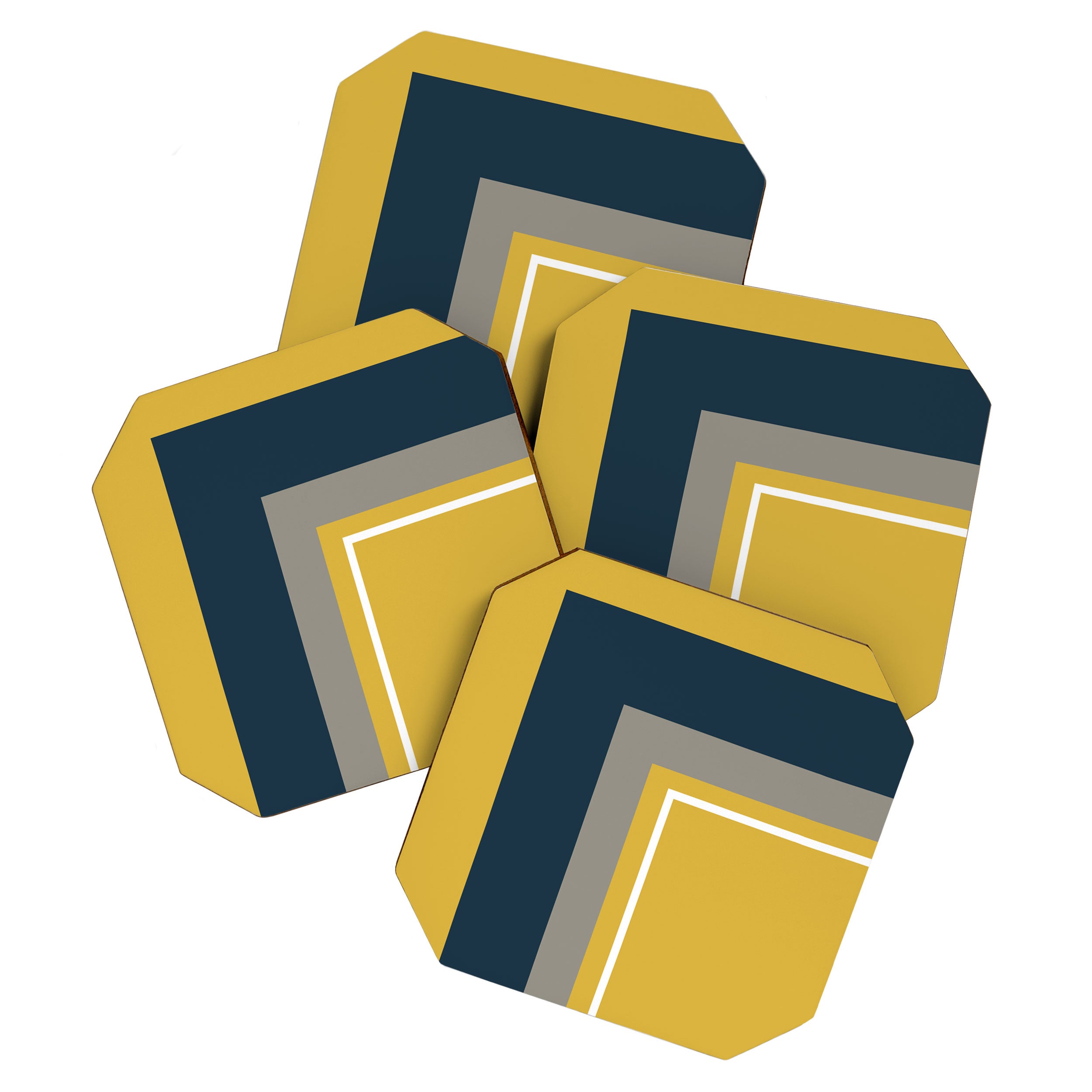 Half Frame Minimalist Pattern 3 in Deep Mustard Yellow, Navy Blue, Grey, and White. Coaster Gallery Image 1