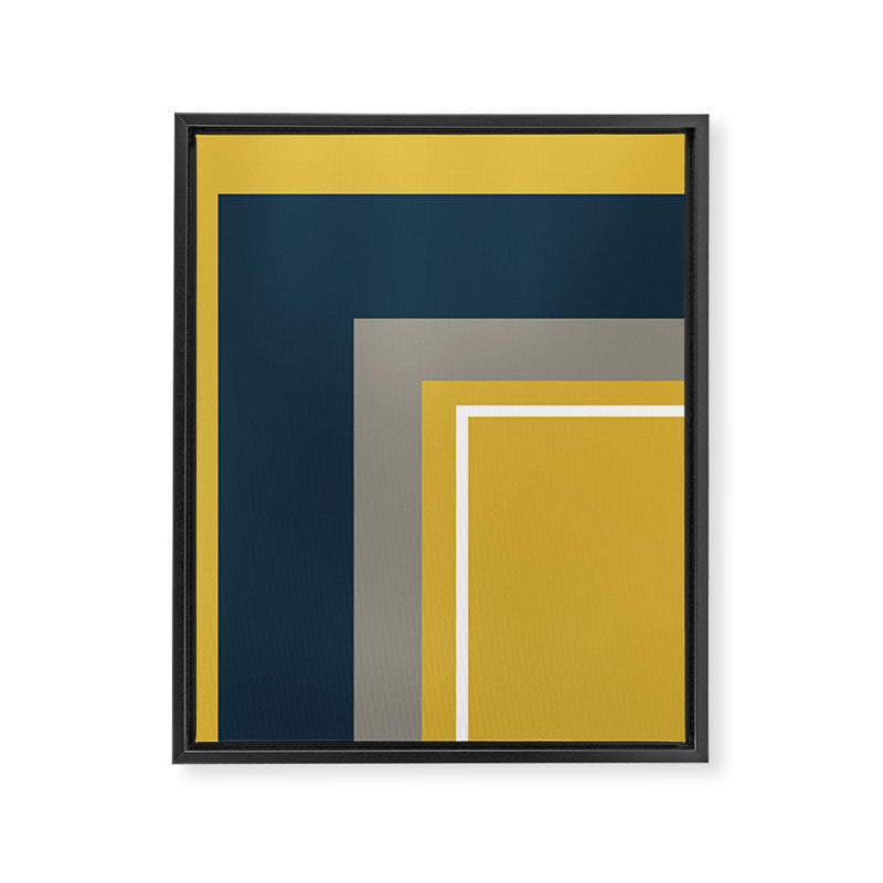 Half Frame Minimalist Pattern 3 in Deep Mustard Yellow, Navy Blue, Grey, and White. Framed Canvas Print Gallery Image 8