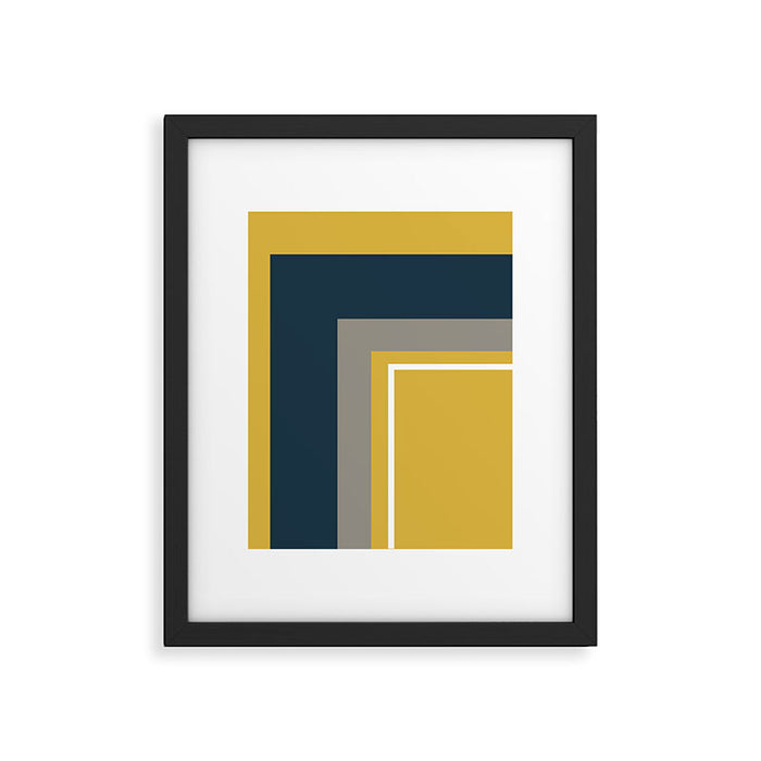 Half Frame Minimalist Pattern 3 in Deep Mustard Yellow, Navy Blue, Grey, and White. Framed Art Print Gallery Image 1