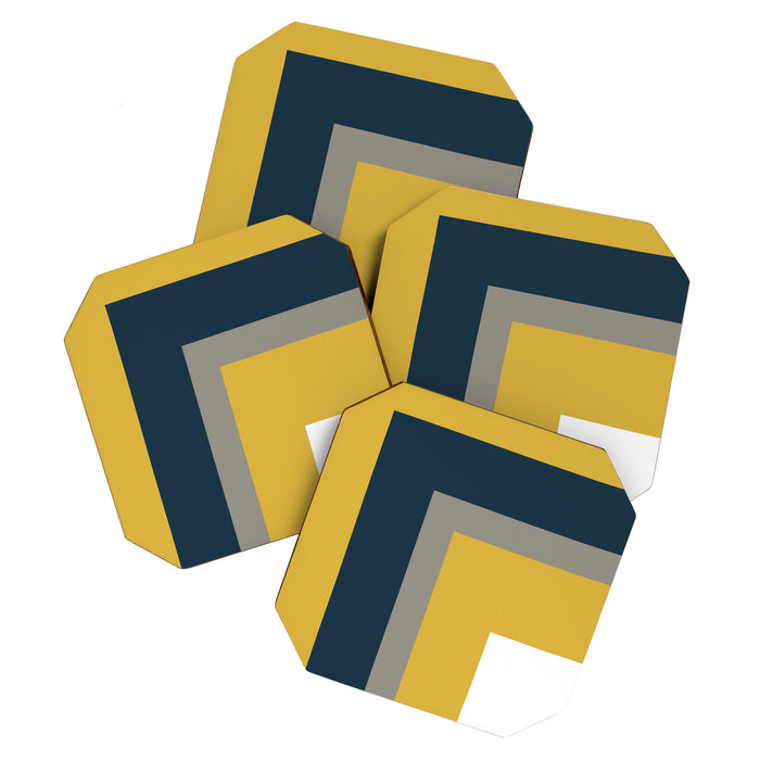 Half Frame Minimalist Pattern in Deep Mustard Yellow, Navy Blue, Gray, and White Coaster Gallery Image 1