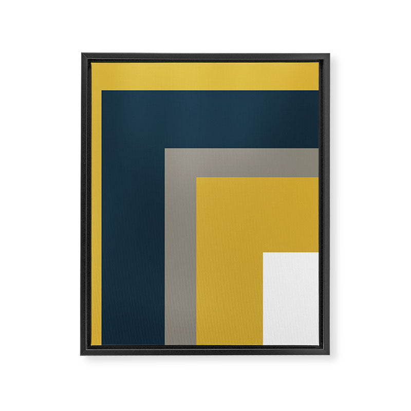 Half Frame Minimalist Pattern in Deep Mustard Yellow, Navy Blue, Gray, and White Framed Canvas Print Gallery Image 8